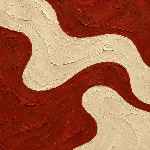 Thick flowing organic bands like a river seen from above in burgundy, stone, rust, cream; square artwork.
