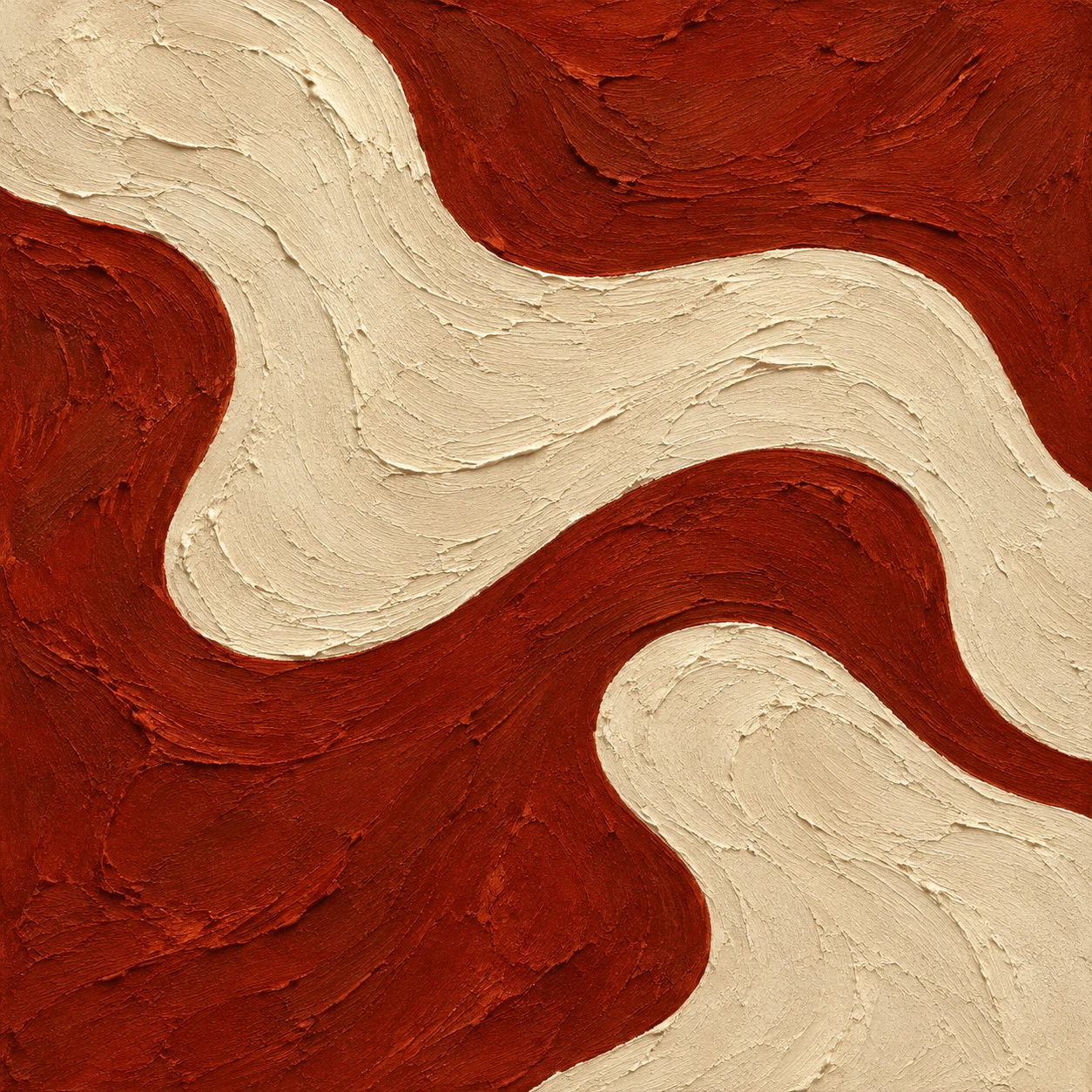 Thick flowing organic bands like a river seen from above in burgundy, stone, rust, cream; square artwork.