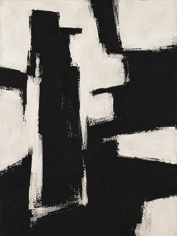 A monolith form standing left of center in black, cream, stone, charcoal; portrait artwork.