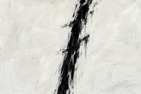 A single vertical scored line, slightly off-vertical in cream, white, charcoal; landscape artwork.