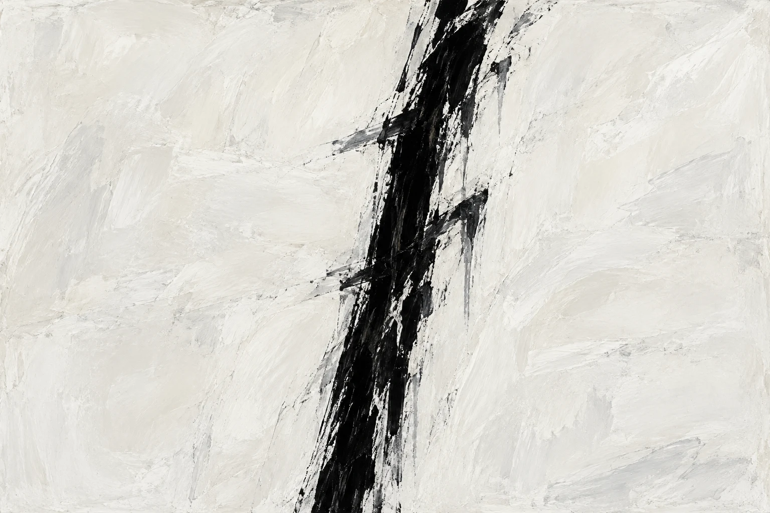 A single vertical scored line, slightly off-vertical in cream, white, charcoal; landscape artwork.