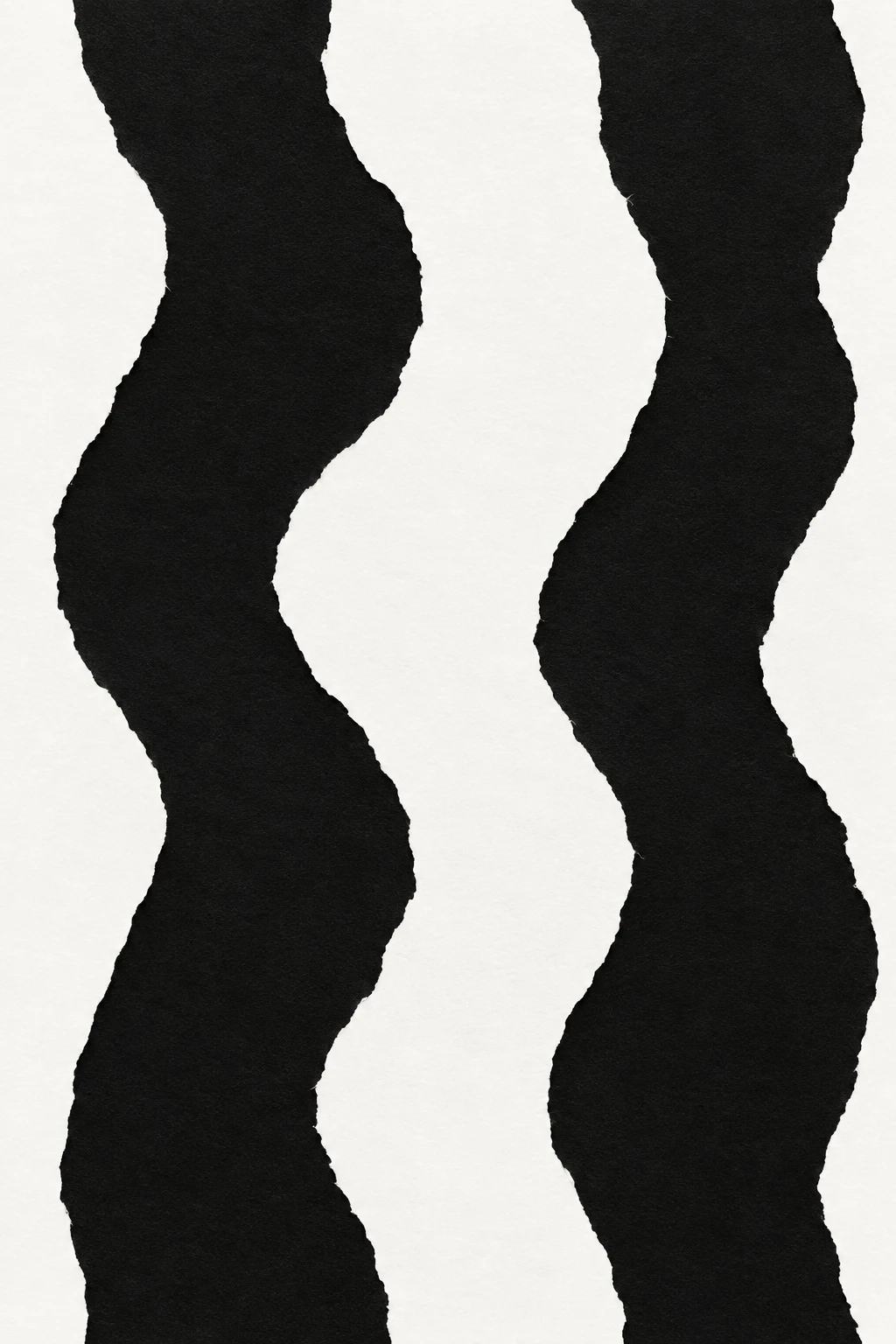 Three flowing vertical bands that bend like a slow current in black, white, gray; portrait artwork.