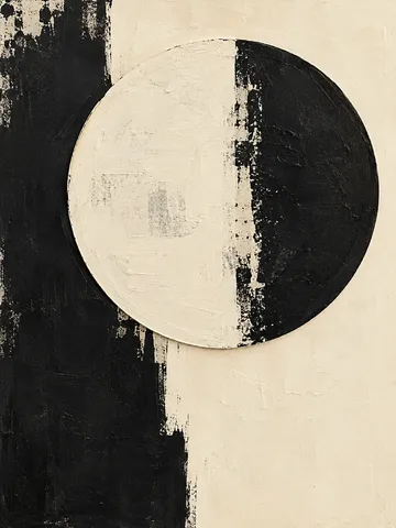 A large circle with a softly shaded edge, off-center in cream, black, charcoal; portrait artwork.
