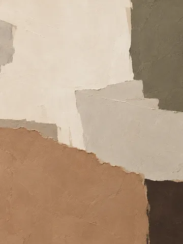 A torn edge revealing a darker layer beneath in ochre, cream, stone, taupe; portrait artwork.
