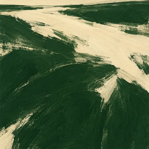 A diagonal plane of light crossing a textured field in forest green, cream, stone, olive; square artwork.