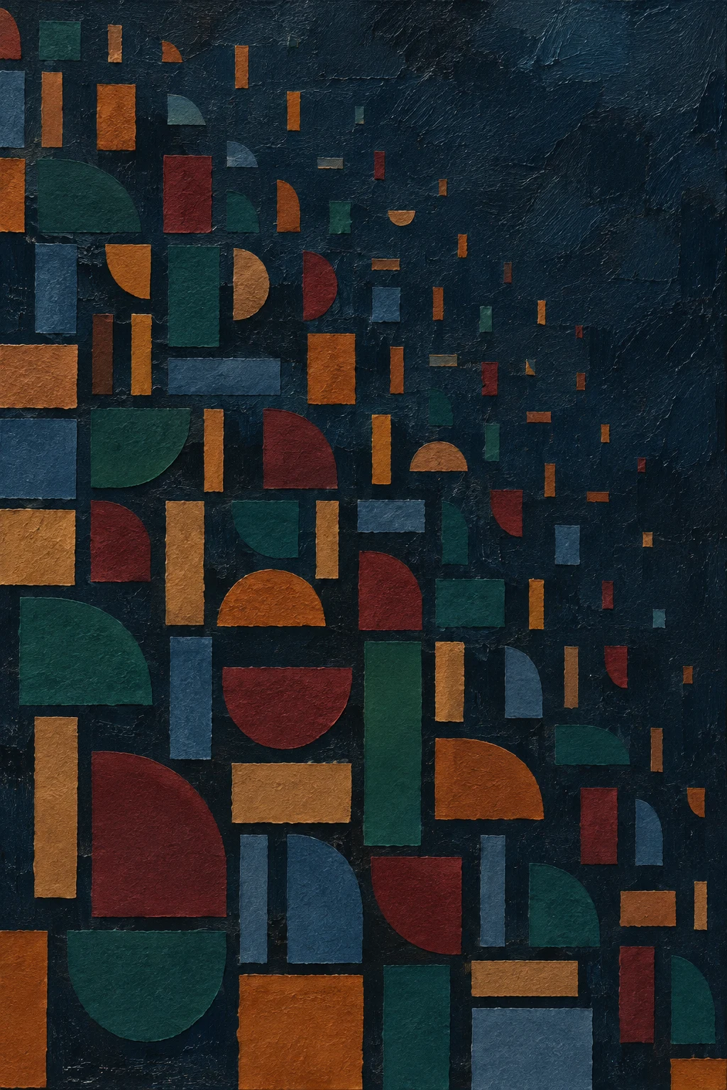 A field of small repeated marks fading toward one corner in black, navy, brown, charcoal; portrait artwork.