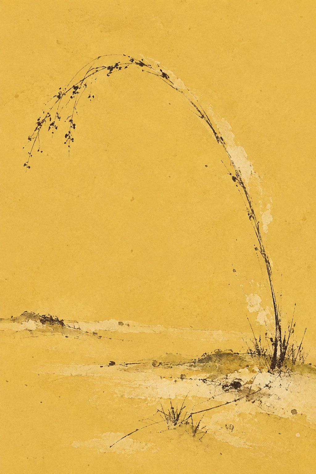 One tall arch pressed into the surface in yellow, sand; portrait artwork.