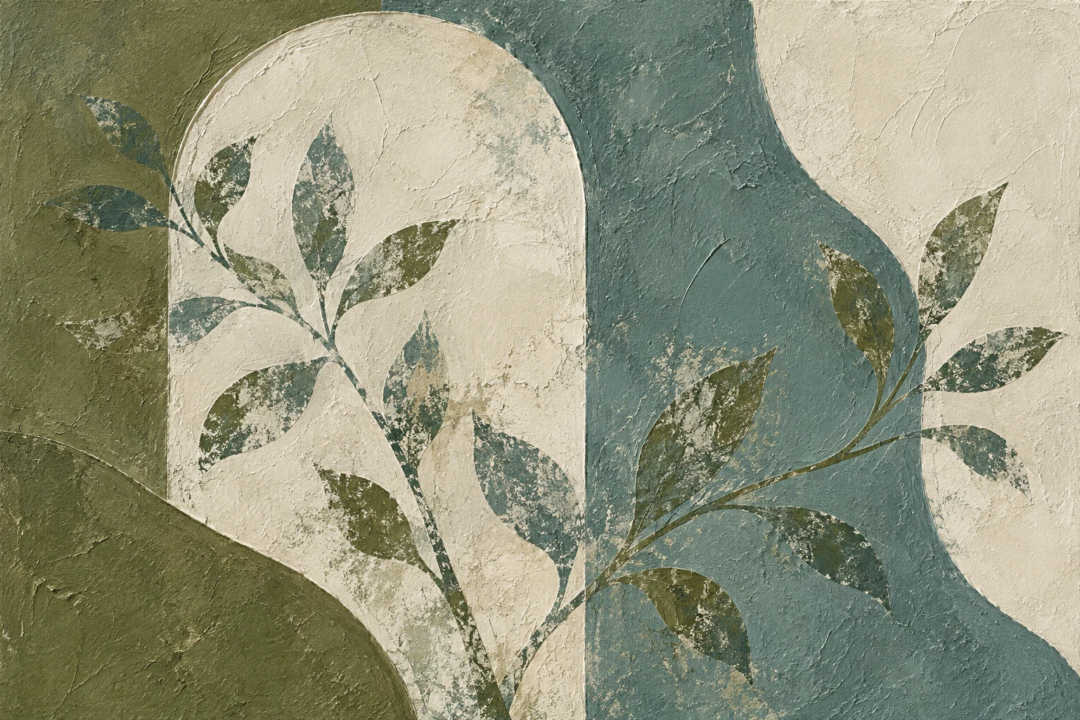 One tall arch pressed into the surface in olive, stone, cream, sage; landscape artwork.