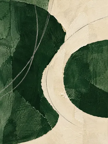 Two interlocking crescents in cream, black, forest green, green; portrait artwork.
