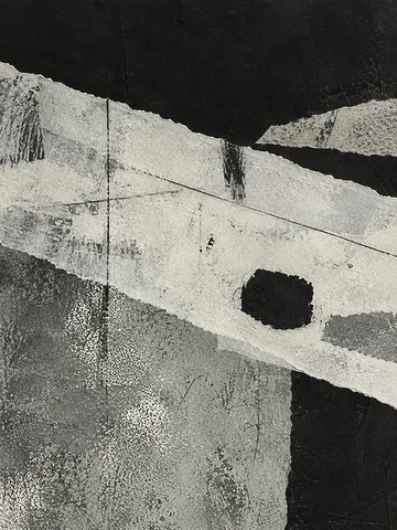 A diagonal plane of light crossing a textured field in gray, black, cream, stone; portrait artwork.