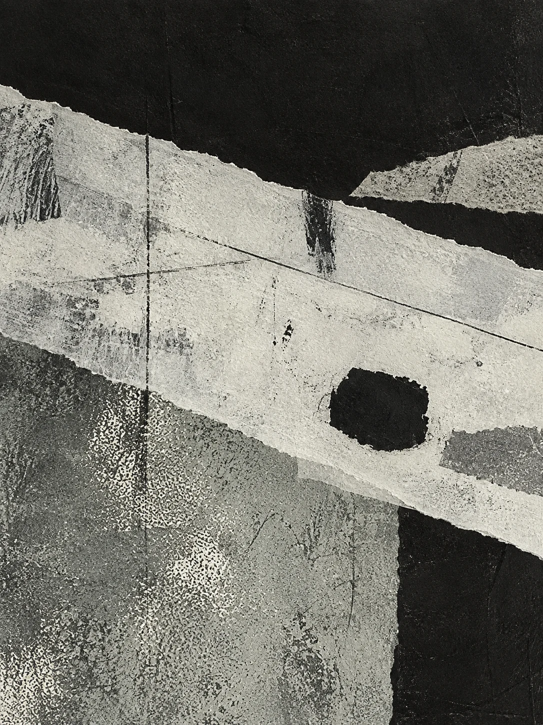 A diagonal plane of light crossing a textured field in gray, black, cream, stone; portrait artwork.