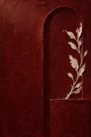One tall arch pressed into the surface in black, burgundy, rust; portrait artwork.