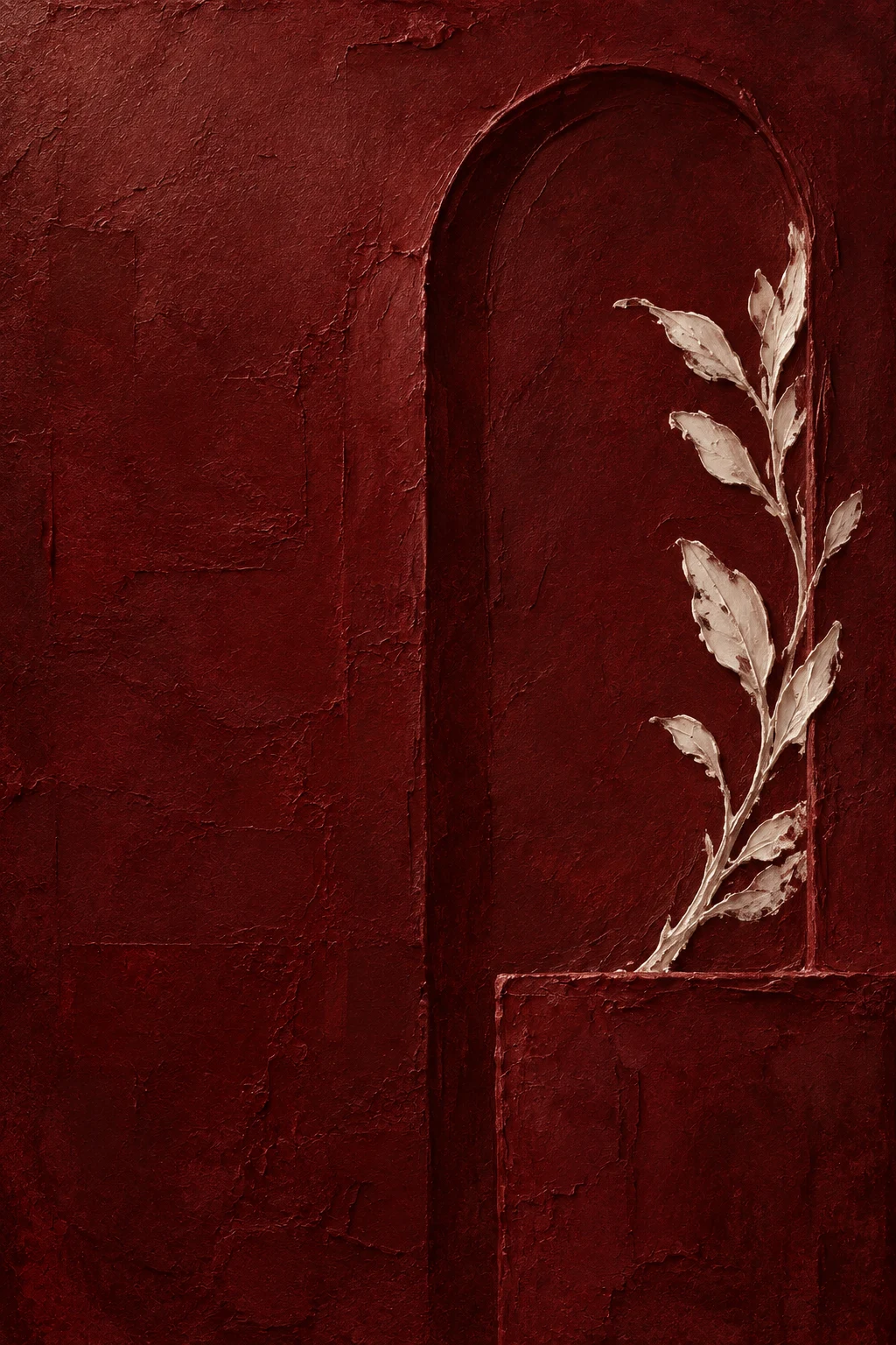 One tall arch pressed into the surface in black, burgundy, rust; portrait artwork.