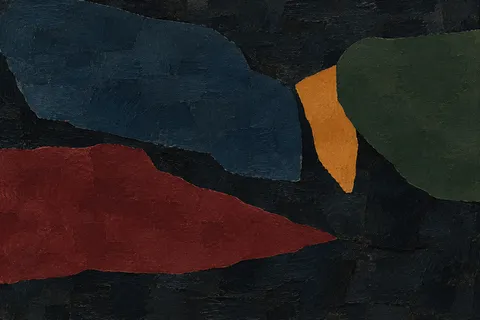 A cracked wabi-sabi field with one patch of a second color in black, burgundy, charcoal; landscape artwork.