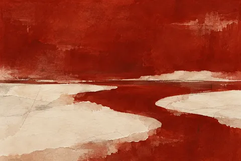 Layered translucent glazes with soft edges in rust, cream, burgundy, stone; landscape artwork.