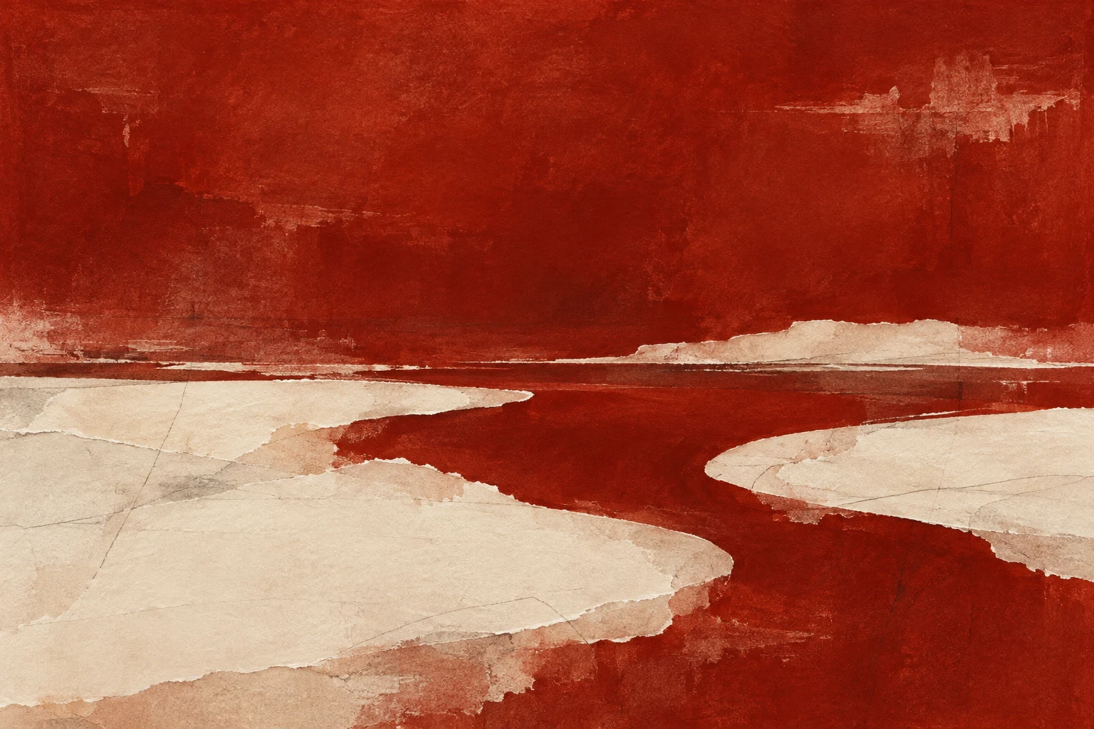Layered translucent glazes with soft edges in rust, cream, burgundy, stone; landscape artwork.