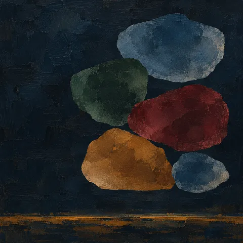 A cluster of five soft pebble shapes in black, charcoal, brown; square artwork.