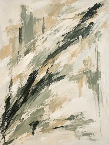 One long confident sweep from lower left to upper right in cream, stone, sage, sand; portrait artwork.