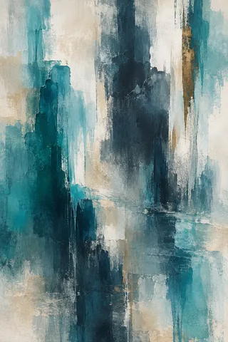 Layered translucent glazes with soft edges in stone, cream, forest green, navy; portrait artwork.