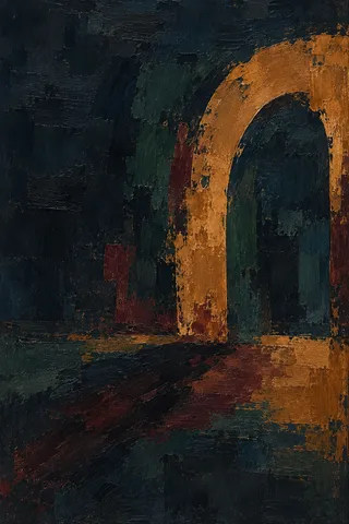 An arch and its shadow in black, rust, charcoal; portrait artwork.