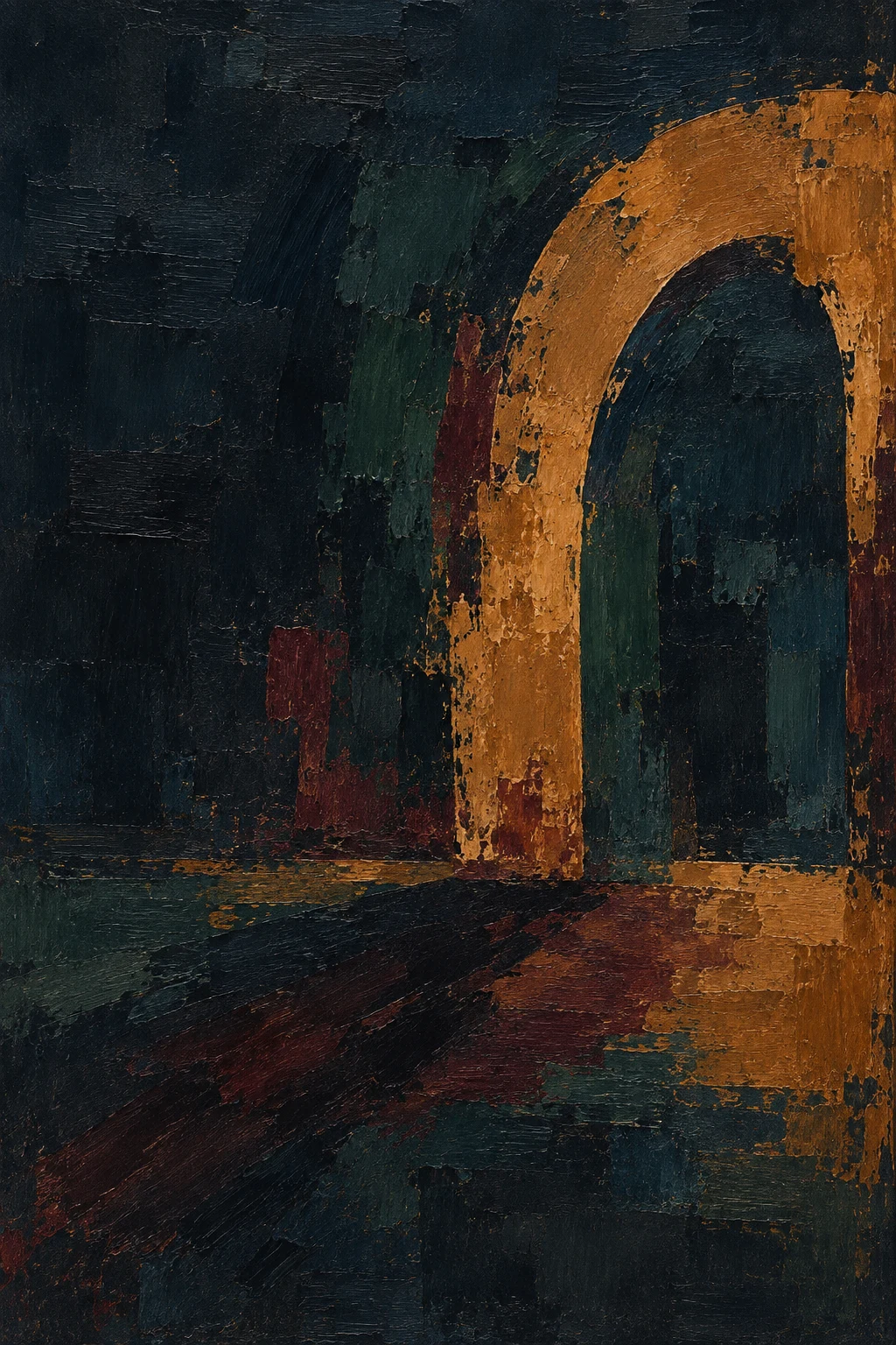 An arch and its shadow in black, rust, charcoal; portrait artwork.