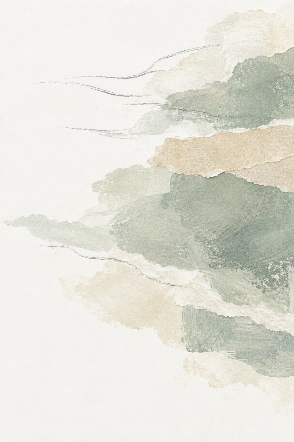 Soft cloud-like forms drifting left in white, stone, cream; portrait artwork.
