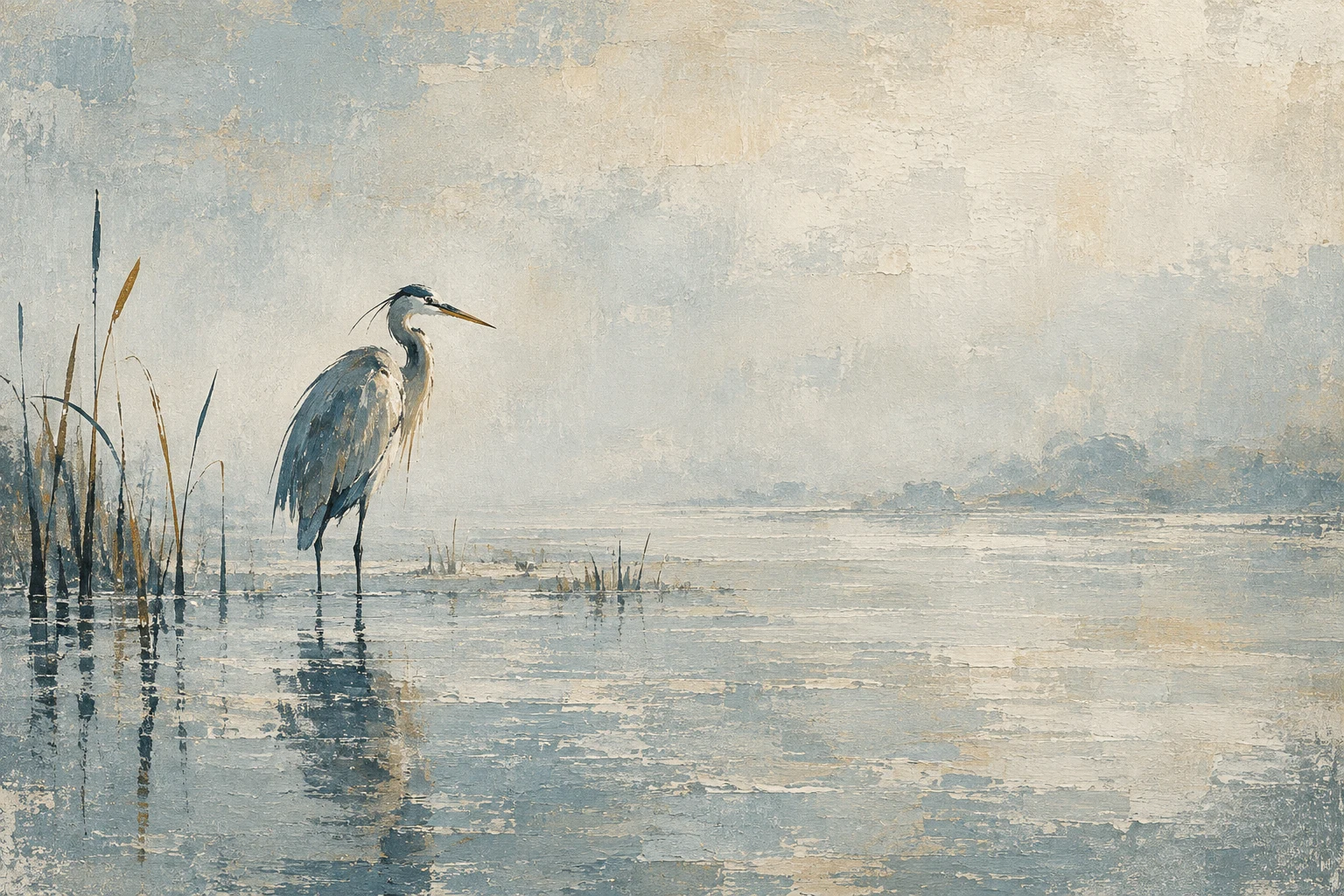A heron standing in shallow water in stone, cream, gray; landscape artwork.