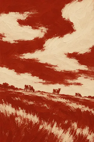 Three cows far away on a hillside in rust, cream, terracotta, blush; portrait artwork.