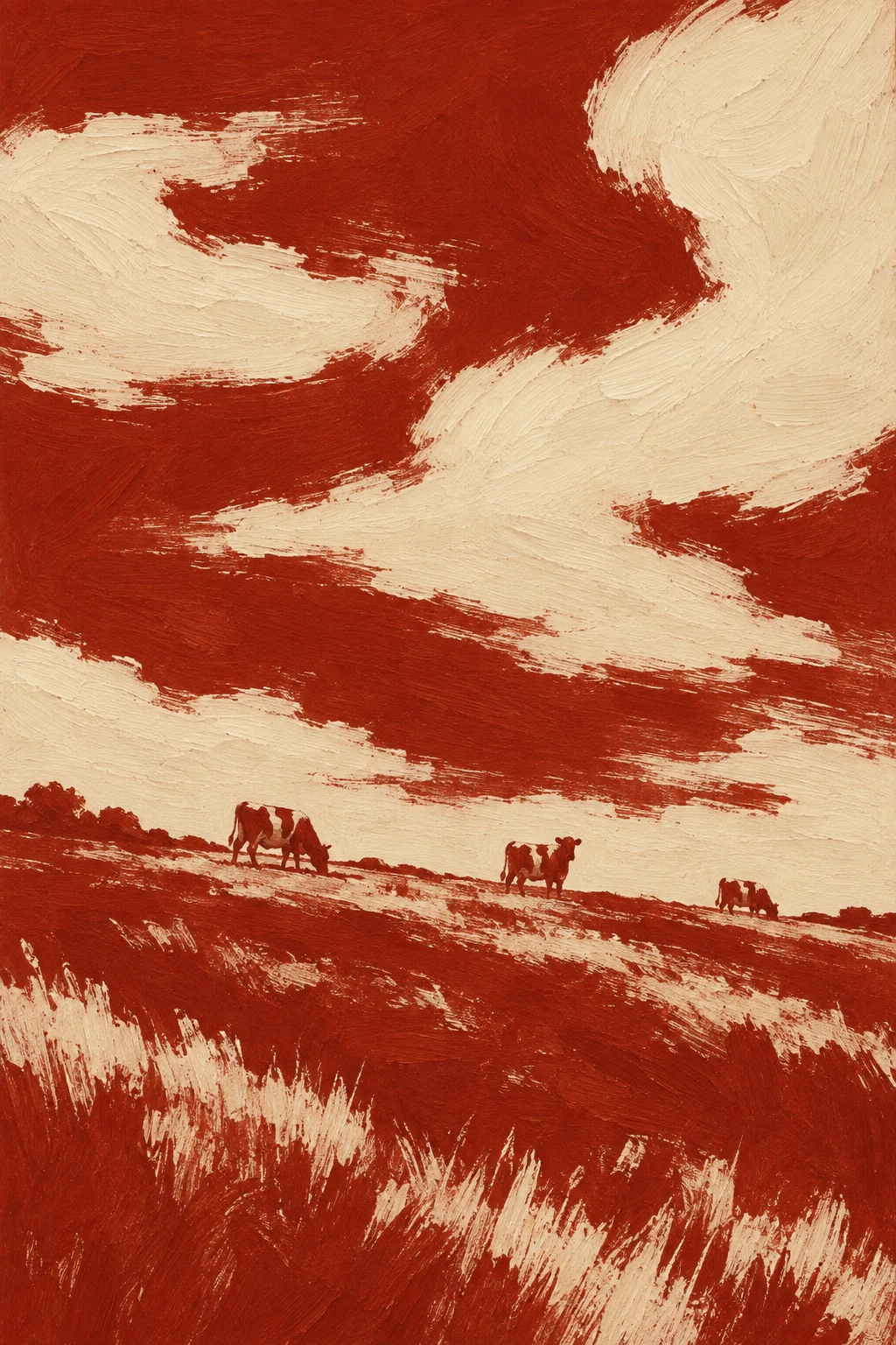 Three cows far away on a hillside in rust, cream, terracotta, blush; portrait artwork.