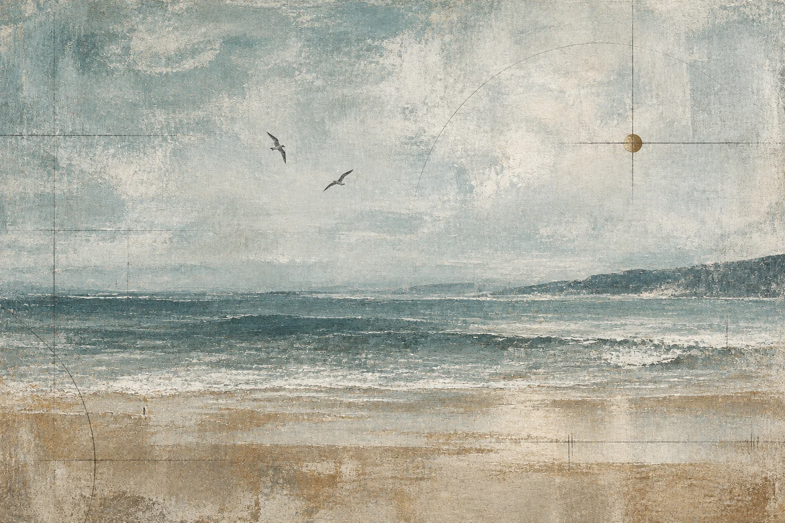 Two birds in flight, tiny, on a vast field in stone, gray, cream, sand; landscape artwork.