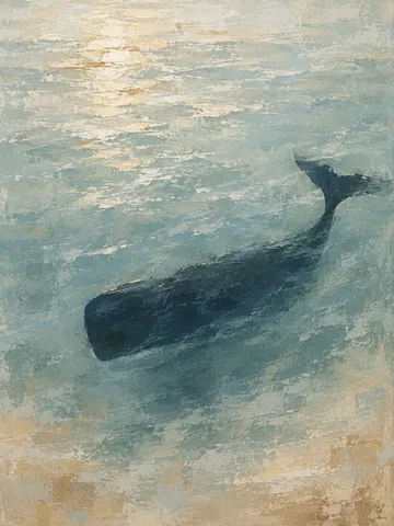 A whale as a single dark shape under a pale surface in stone, gray, cream, sage; portrait artwork.