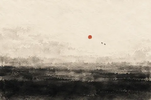 Two birds in flight, tiny, on a vast field in cream, black, taupe; landscape artwork.