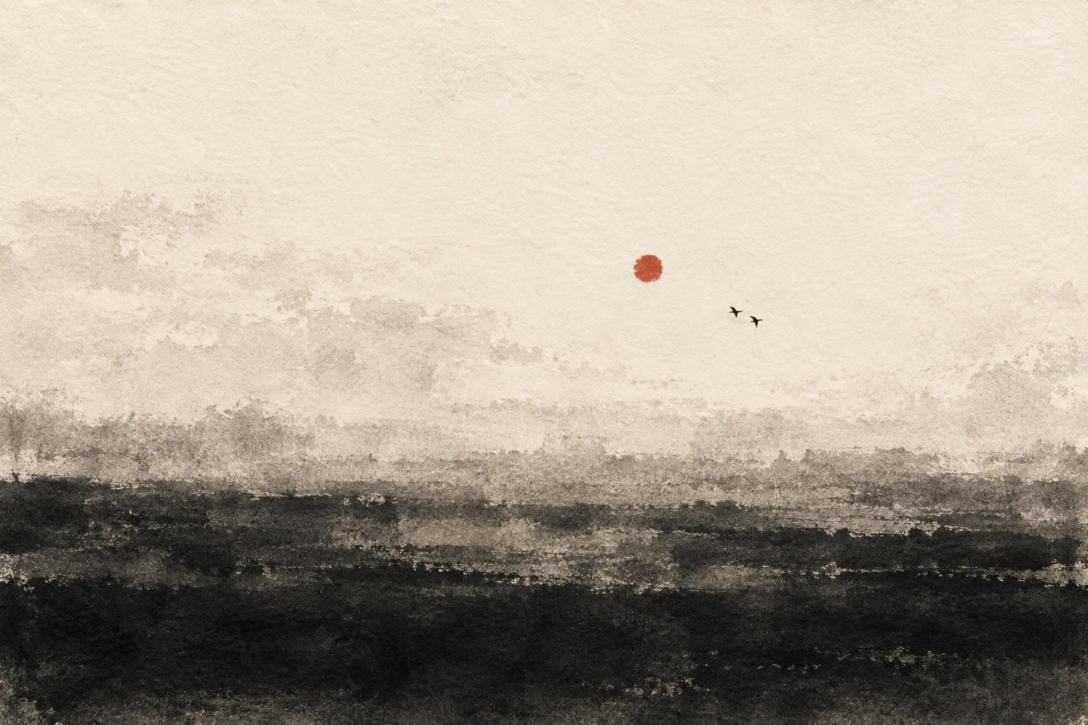 Two birds in flight, tiny, on a vast field in cream, black, taupe; landscape artwork.