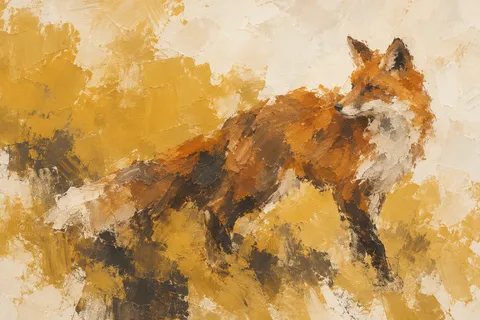 A fox as a rust silhouette on cream in cream, sand, ochre, terracotta; landscape artwork.