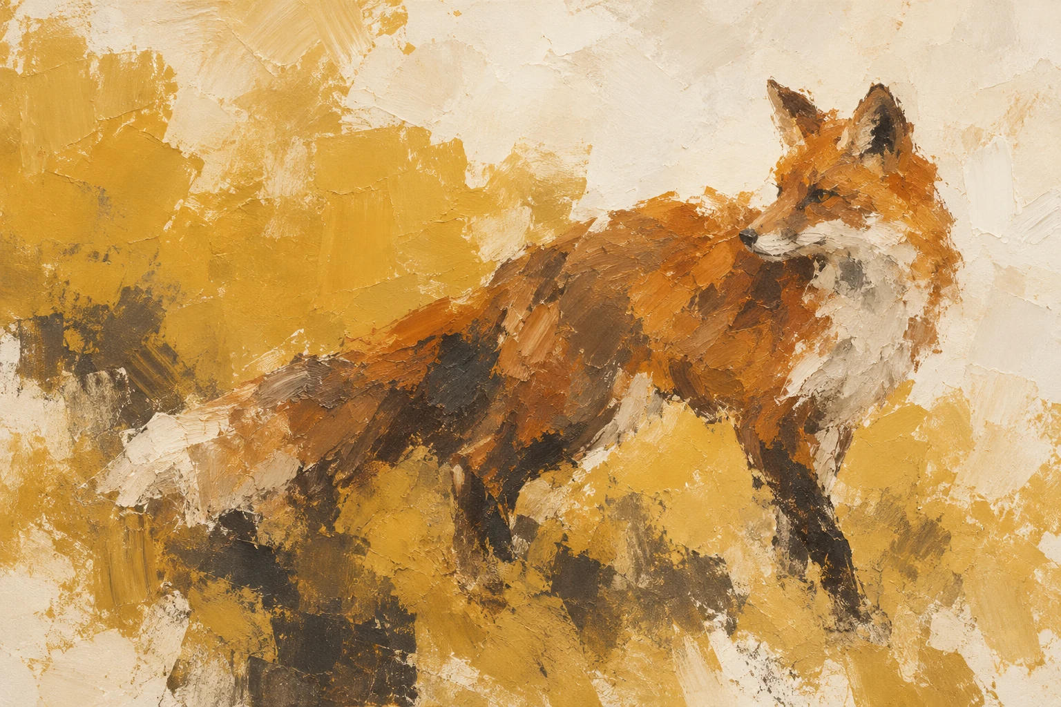 A fox as a rust silhouette on cream in cream, sand, ochre, terracotta; landscape artwork.