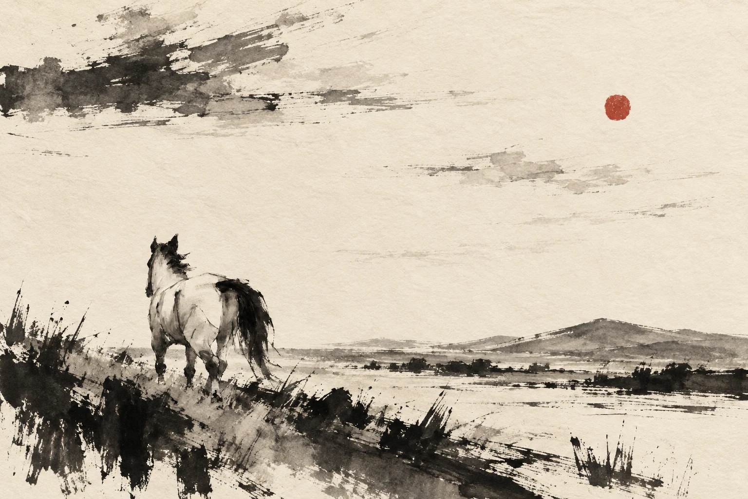 A single white horse standing small on a vast field in cream, taupe, charcoal, stone; landscape artwork.