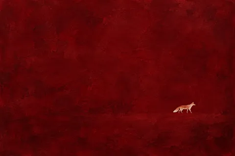 A fox as a rust silhouette on cream in burgundy; landscape artwork.