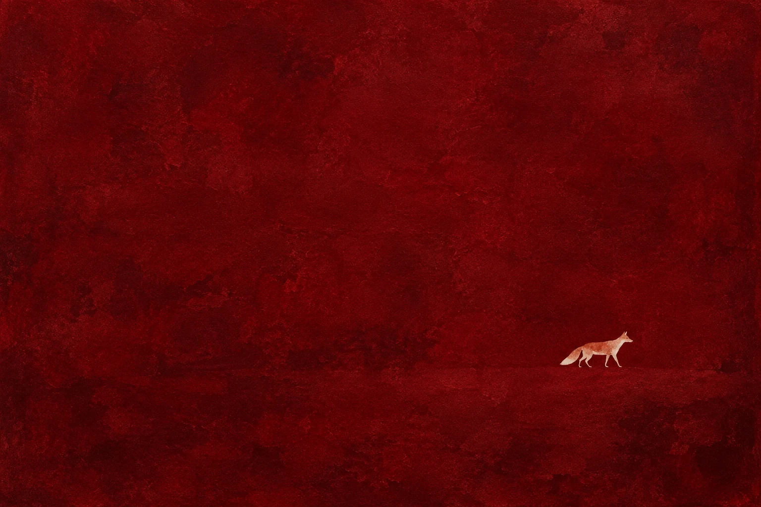 A fox as a rust silhouette on cream in burgundy; landscape artwork.