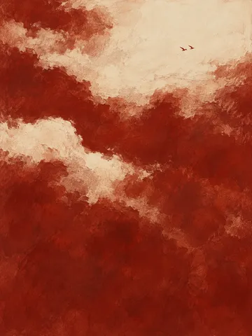 Two birds in flight, tiny, on a vast field in rust, burgundy, cream, blush; portrait artwork.
