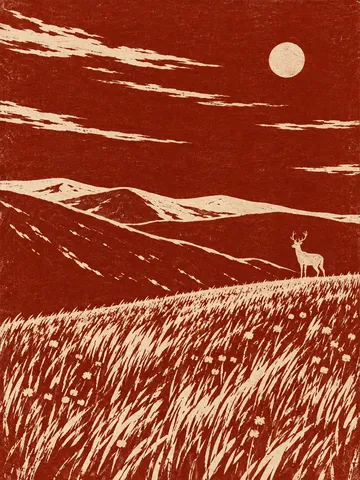 A lone deer at the far edge of a meadow in rust, ochre, terracotta, sand; portrait artwork.