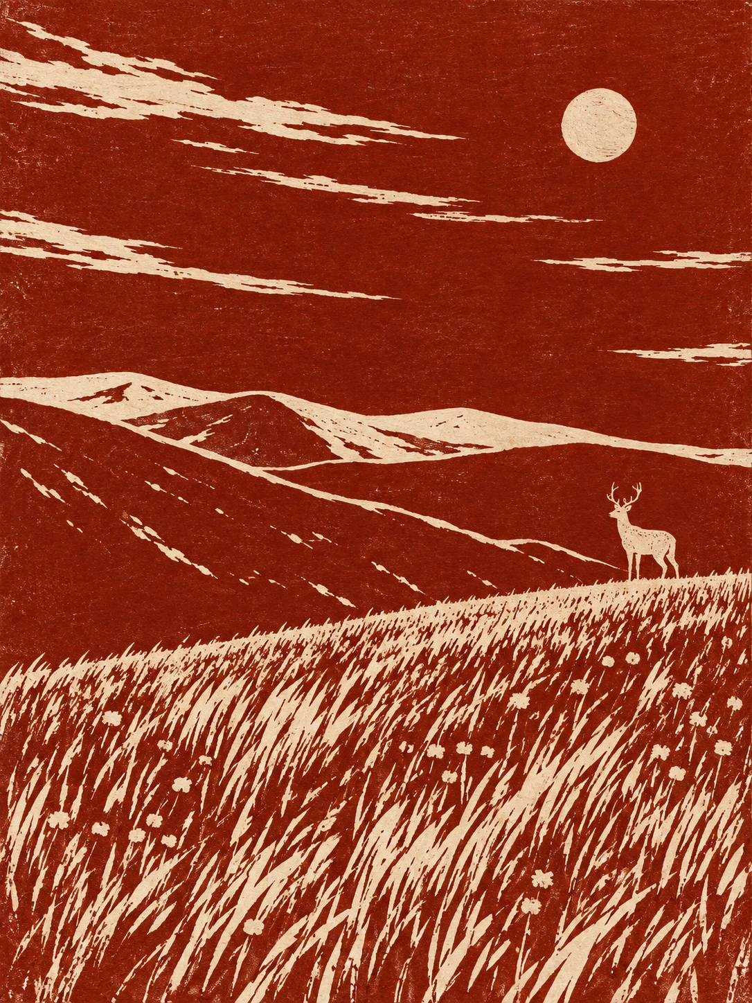 A lone deer at the far edge of a meadow in rust, ochre, terracotta, sand; portrait artwork.