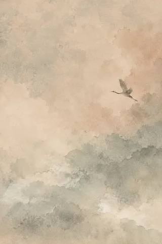 A crane in stone, sand, cream; portrait artwork.
