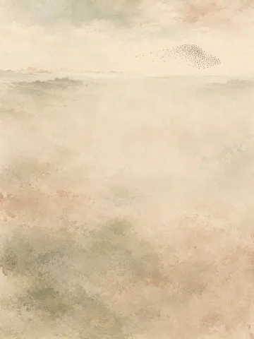 A flock of starlings as a soft cloud in cream, stone, sand; portrait artwork.