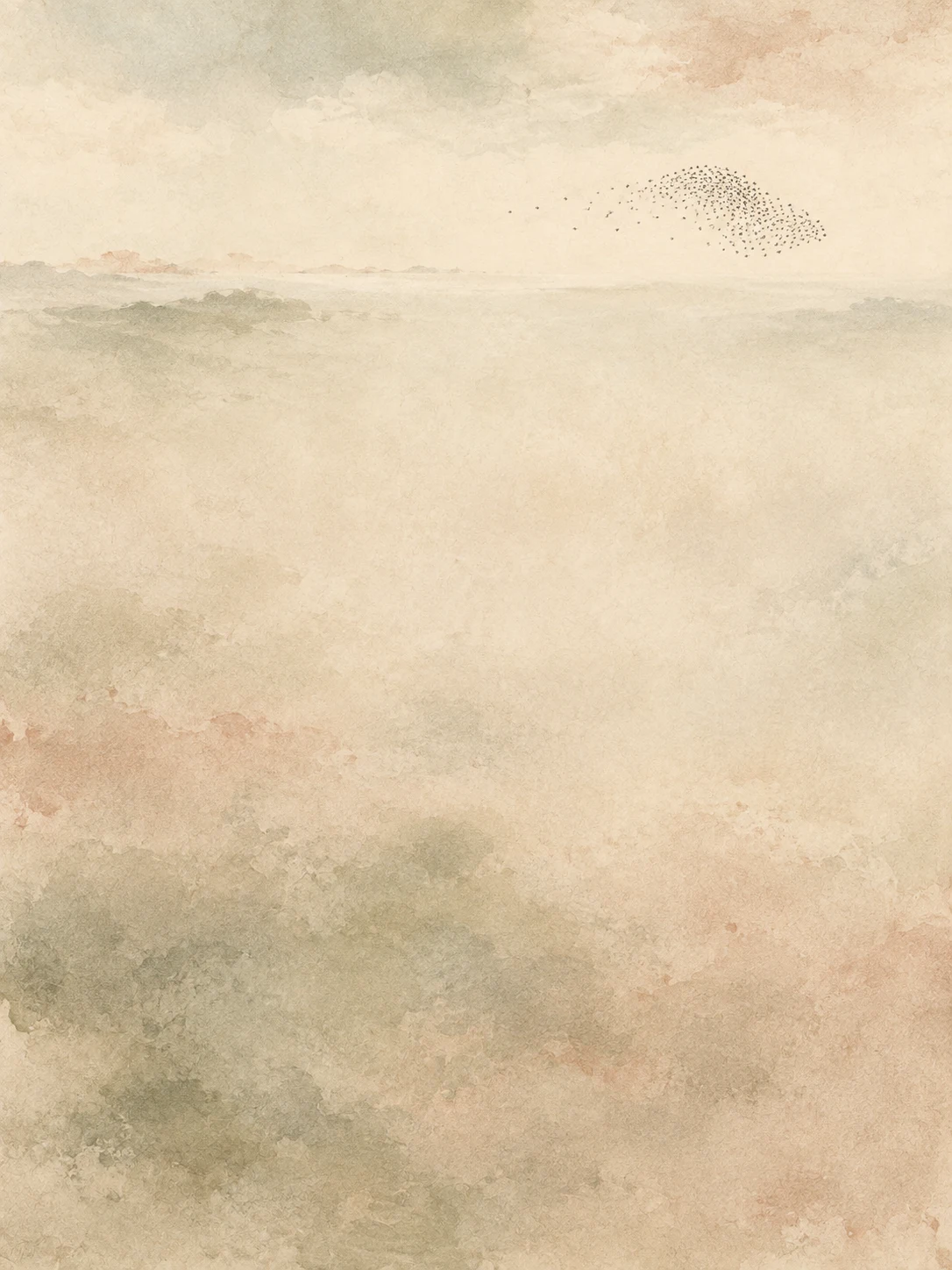 A flock of starlings as a soft cloud in cream, stone, sand; portrait artwork.