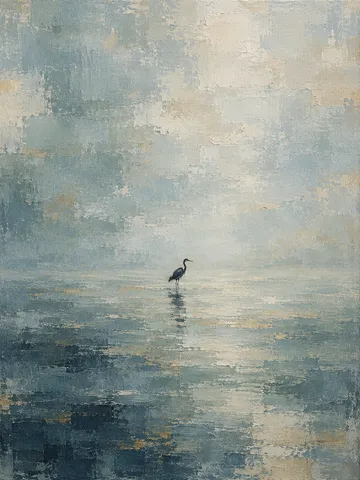 A heron standing in shallow water in stone, gray, cream, charcoal; portrait artwork.