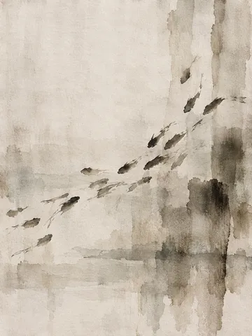 A school of small fish as a wave of marks in cream, stone, sand, taupe; portrait artwork.
