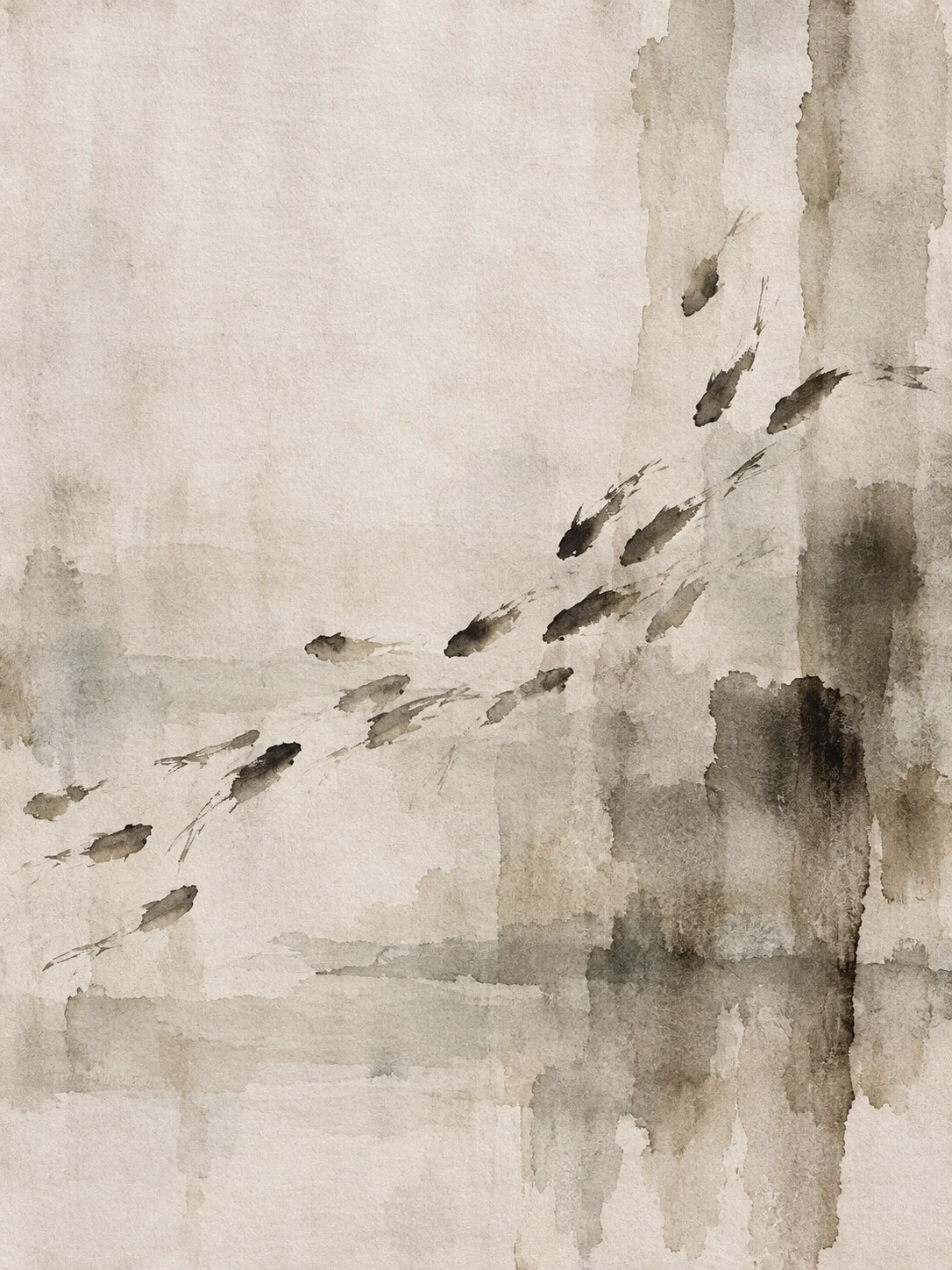 A school of small fish as a wave of marks in cream, stone, sand, taupe; portrait artwork.
