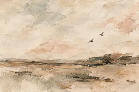 Two birds in flight, tiny, on a vast field in cream, stone, sand, taupe; landscape artwork.