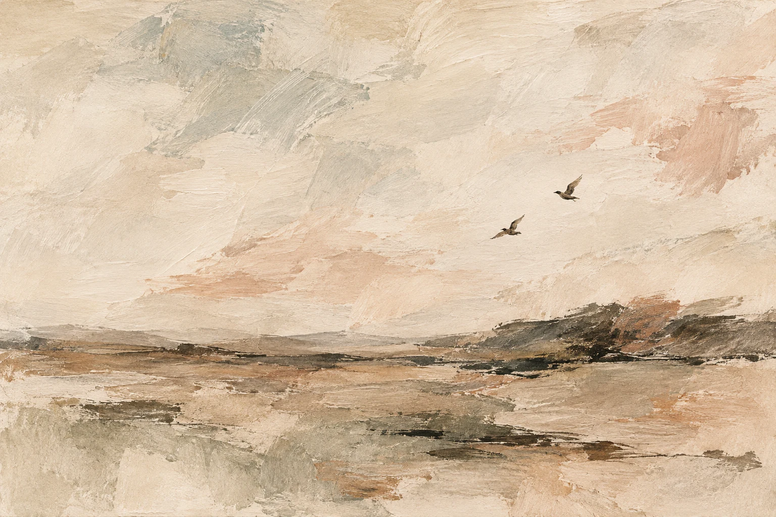 Two birds in flight, tiny, on a vast field in cream, stone, sand, taupe; landscape artwork.