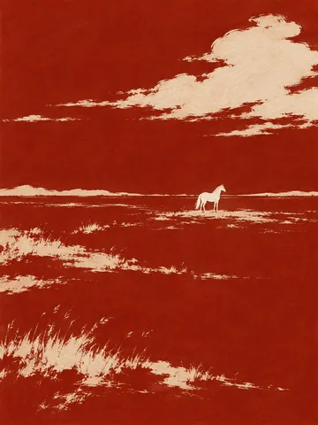 A single white horse standing small on a vast field in rust, stone, terracotta; portrait artwork.